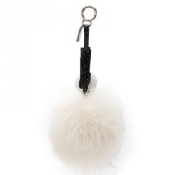 Pre Owned Fendi White/Black Pompom Fox-fur Super Karlito Bag Charm