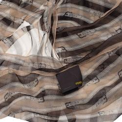 Pre Owned Fendi Two Tone Silk Striped Buckle Print Scarf 