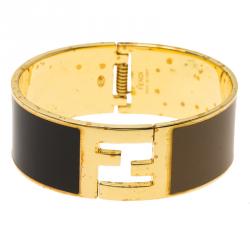 Pre Owned Fendi The Fendista Black & Brown Enamel Gold Tone Wide Bracelet 16cm