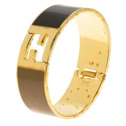 Pre Owned Fendi The Fendista Black & Brown Enamel Gold Tone Wide Bracelet 16cm