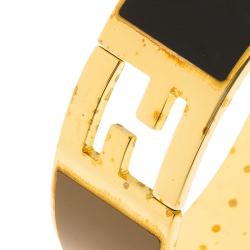Pre Owned Fendi The Fendista Black & Brown Enamel Gold Tone Wide Bracelet 16cm