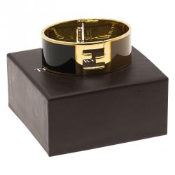 Pre Owned Fendi The Fendista Black & Brown Enamel Gold Tone Wide Bracelet 16cm