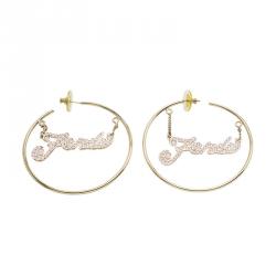 Pre Owned Fendi Fever Pink Enamel Gold Tone Hoop Earrings