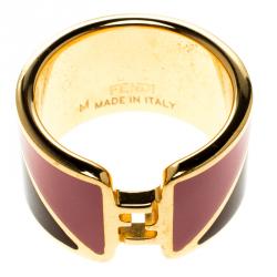 Pre Owned Fendi The Fendista Enamel Gold Tone Band Ring Size 55