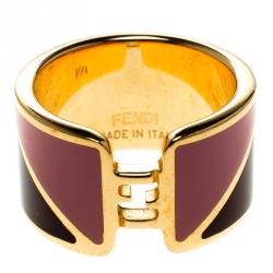 Pre Owned Fendi The Fendista Enamel Gold Tone Band Ring Size 55