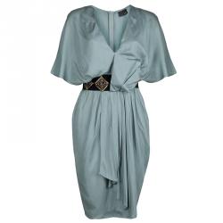 Pre Owned Fendi Grey Silk Embellished Waist Detail Draped Kimono Sleeve Dress S
