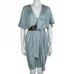 Pre Owned Fendi Grey Silk Embellished Waist Detail Draped Kimono Sleeve Dress S