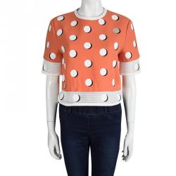 Pre Owned Fendi Orange Dotted Mesh Trim Detail Top M