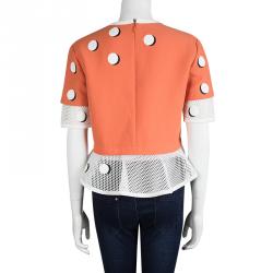 Pre Owned Fendi Orange Dotted Mesh Trim Detail Top M