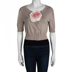 Pre Owned Fendi Beige Floral Applique Detail Short Sleeve Cropped Cardigan M