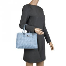 Pre Owned Fendi Baby Blue Zuchinno Coated Canvas Small Tote