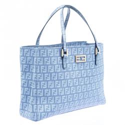 Pre Owned Fendi Baby Blue Zuchinno Coated Canvas Small Tote