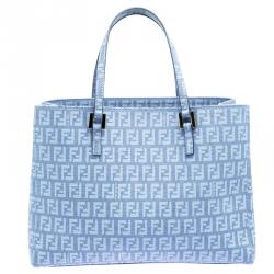 Pre Owned Fendi Baby Blue Zuchinno Coated Canvas Small Tote