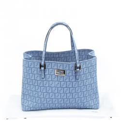Pre Owned Fendi Baby Blue Zuchinno Coated Canvas Small Tote