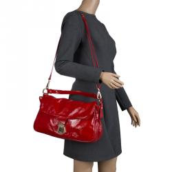 Pre Owned Fendi Red Patent Leather Push Lock Satchel
