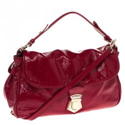 Pre Owned Fendi Red Patent Leather Push Lock Satchel
