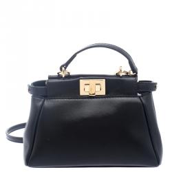 Pre Owned Fendi Black Leather Micro Peekaboo Crossbody Bag
