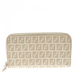 Pre Owned Fendi White/Beige Zucchino Spalmati Zip Around Wallet