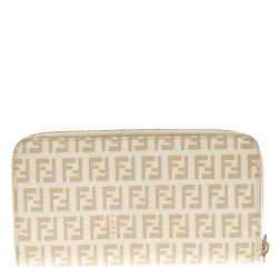 Pre Owned Fendi White/Beige Zucchino Spalmati Zip Around Wallet