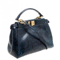 Pre Owned Fendi Blue Python Mini Peekaboo Top Handle Bag