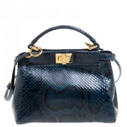 Pre Owned Fendi Blue Python Mini Peekaboo Top Handle Bag