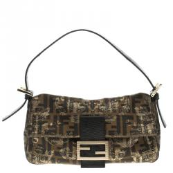 Fendi Tobacco/Black Zucca Canvas and Lizard Trim Baguette Shoulder Bag