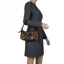 Pre Owned Fendi Tobacco/Black Zucca Canvas and Lizard Trim Baguette Shoulder Bag