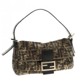 Pre Owned Fendi Tobacco/Black Zucca Canvas and Lizard Trim Baguette Shoulder Bag