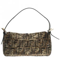 Pre Owned Fendi Tobacco/Black Zucca Canvas and Lizard Trim Baguette Shoulder Bag