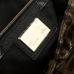 Pre Owned Fendi Tobacco/Black Zucca Canvas and Lizard Trim Baguette Shoulder Bag