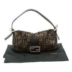 Pre Owned Fendi Tobacco/Black Zucca Canvas and Lizard Trim Baguette Shoulder Bag