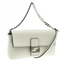 Pre Owned Fendi White Leather Micro Baguette Shoulder Bag