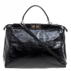 Pre Owned Fendi Black Patent Leather Large Peekaboo Top Handle Bag