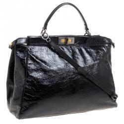 Pre Owned Fendi Black Patent Leather Large Peekaboo Top Handle Bag