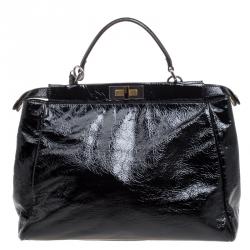 Pre Owned Fendi Black Patent Leather Large Peekaboo Top Handle Bag