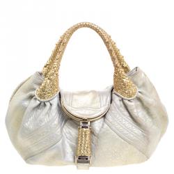 Pre Owned Fendi Gold/Grey Textured Leather Spy Hobo