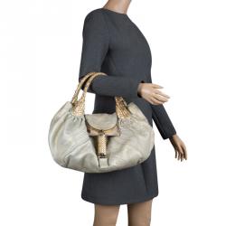 Pre Owned Fendi Gold/Grey Textured Leather Spy Hobo