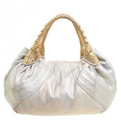 Pre Owned Fendi Gold/Grey Textured Leather Spy Hobo