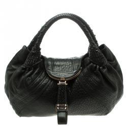 Pre Owned Fendi Black Textured Leather Large Spy Hobo