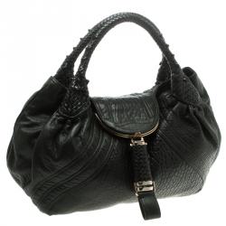 Pre Owned Fendi Black Textured Leather Large Spy Hobo