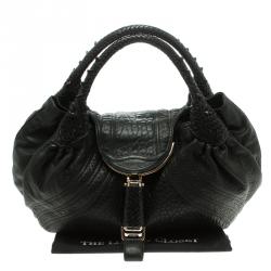 Pre Owned Fendi Black Textured Leather Large Spy Hobo