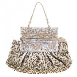 Pre Owned Fendi Cream/Beige Tweed/Sequin and Python To You Convertible Clutch Bag