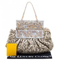 Pre Owned Fendi Cream/Beige Tweed/Sequin and Python To You Convertible Clutch Bag