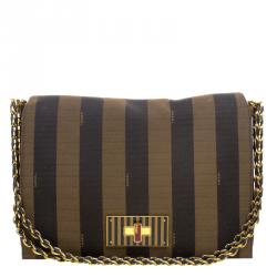 Pre Owned Fendi Brown Pequin Canvas Claudia Shoulder Bag