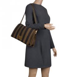 Pre Owned Fendi Brown Pequin Canvas Claudia Shoulder Bag