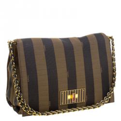 Pre Owned Fendi Brown Pequin Canvas Claudia Shoulder Bag