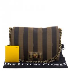 Pre Owned Fendi Brown Pequin Canvas Claudia Shoulder Bag