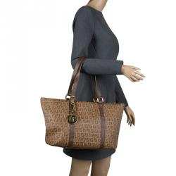 Pre Owned Fendi Brown Zucchino Coated Canvas Superstar Shopping Tote