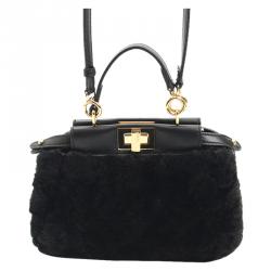 Pre Owned Fendi Black Shearling Fur Micro Peekaboo Satchel Bag