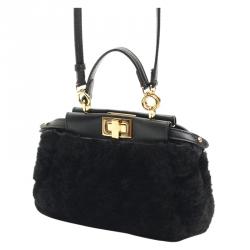 Pre Owned Fendi Black Shearling Fur Micro Peekaboo Satchel Bag